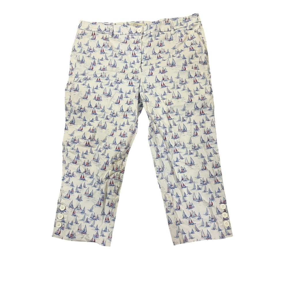Talbots Womens Sailboat Print Crop Pants White Blue Red‎ Nautical Size 14